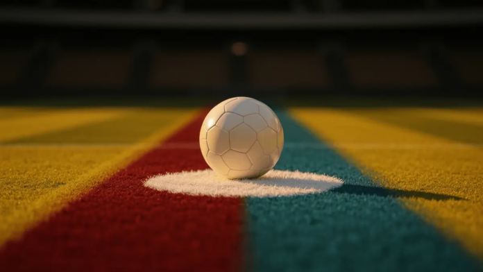 Spain vs Cape Verde World Cup 2026 Predictions and Picks Floodlit football pitch at sunset with match ball on centre spot, crimson-gold and blue-yellow ambient lighting, empty stadium.