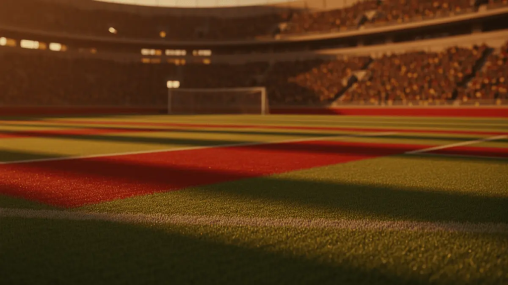 Spain vs Saudi Arabia World Cup 2026 Predictions and Picks Floodlit stadium corner at sunset, red and gold pitch markings, empty stands silhouetted against lights