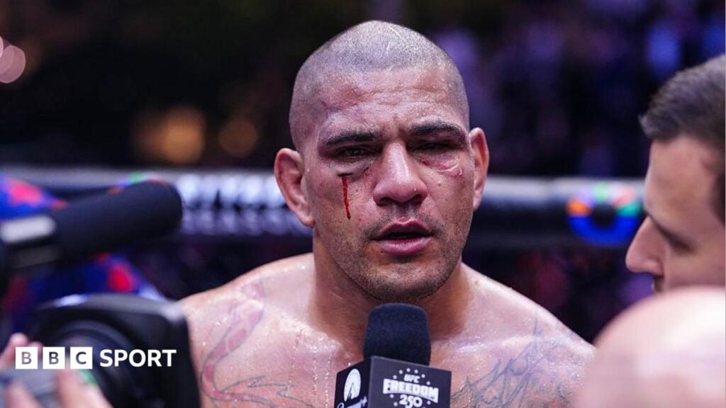 Alex Pereira gives his post-fight interview after losing to Ciryl Gane at UFC Freedom 250