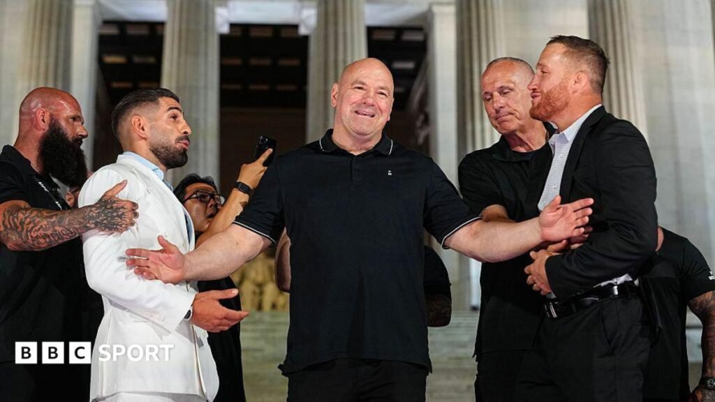 UFC White House: Ilia Topuria shoves Justin Gaethje in front of Lincoln Memorial Ilia Topuria and Justin Gaethje in front of the Lincoln Memorial