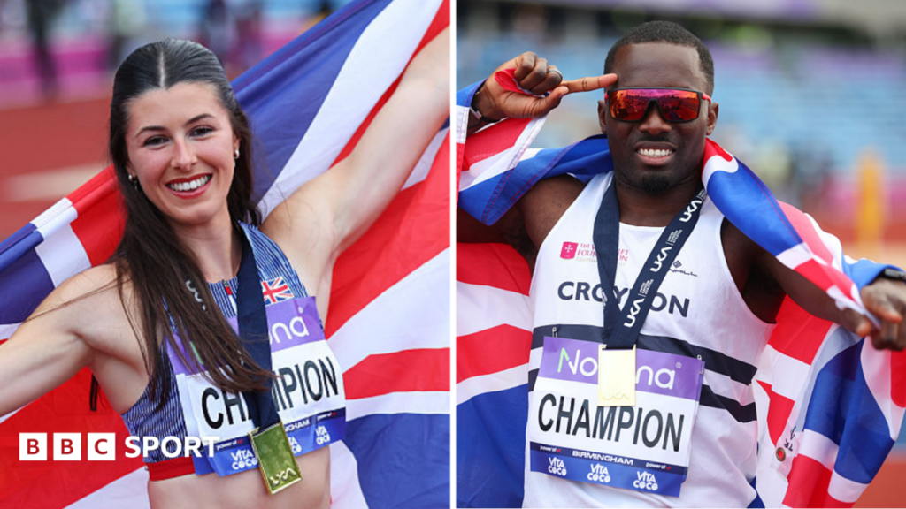 Amy Hunt and Romell Glave pose with their medals and British flags after winning the 100m finals at the UK Athletics Championships in 2026