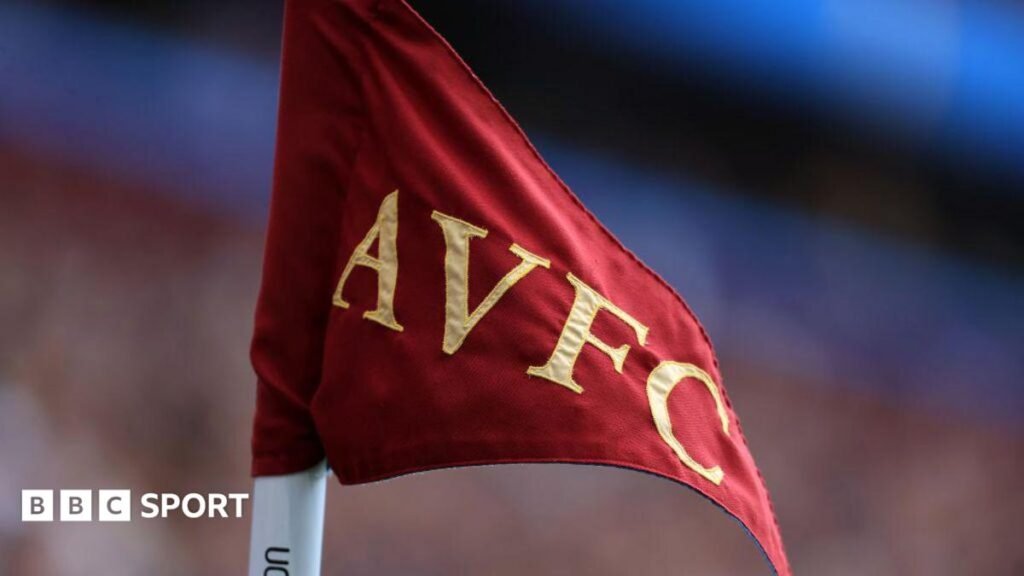 A corner flag with AVFC stitched into it flutters in the breeze during the Premier League match between Aston Villa and Everton FC at Villa Park on August 20, 2023
