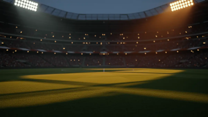 United States vs Australia World Cup 2026 Predictions and Picks Floodlit stadium pitch at dusk with dramatic shadow patterns and packed stands, shot at low angle with shallow depth of field.