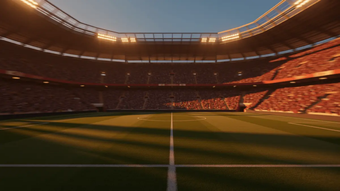Uruguay vs Spain World Cup 2026 Predictions: Group H Pick Floodlit football stadium at dusk with packed stands, dramatic shadow patterns, and blue-red atmospheric lighting.