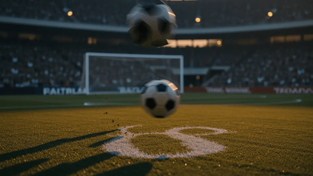 Stadium pitch at dusk with boot striking football mid-flight, blue and yellow atmospheric lighting, dramatic shadows, motion blur effect.