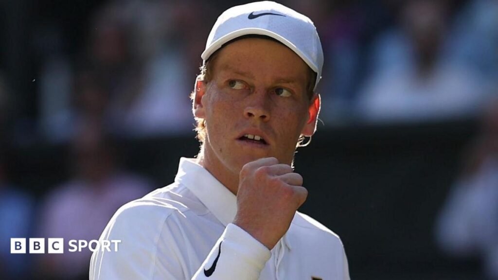 Jannik Sinner celebrates winning a point at Wimbledon in 2025