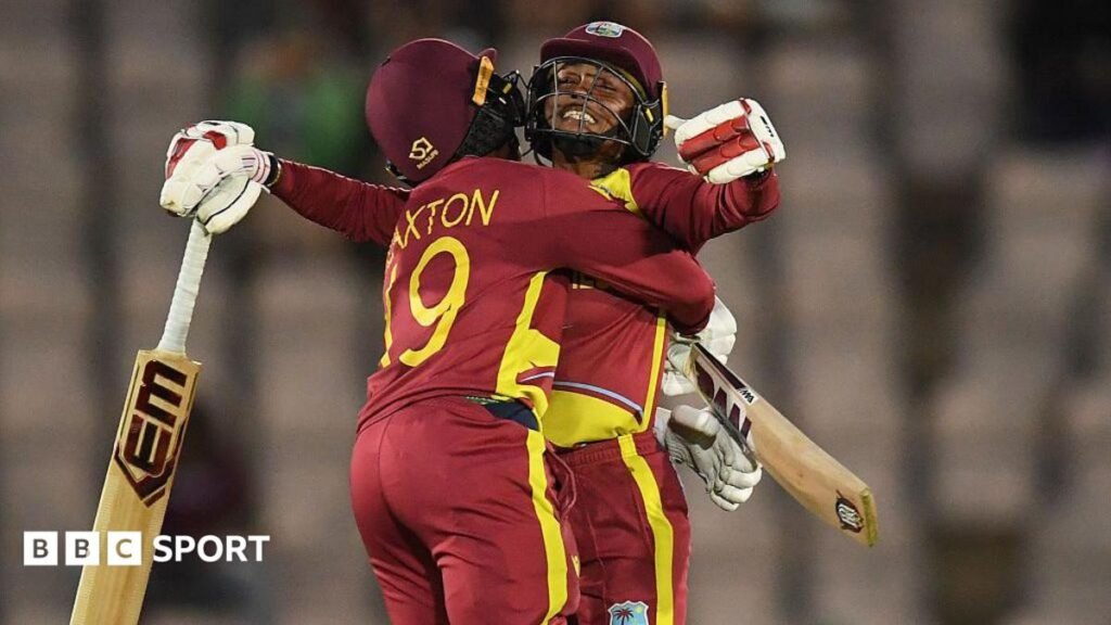 Jahzara Claxton and Shemaine Campbelle celebrate hitting the winning runs v New Zealand at the Women's T20 World Cup