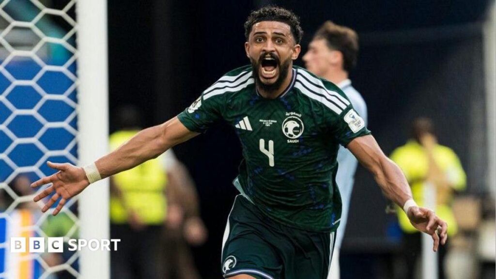 Abdulelah Al Amri celebrates scoring for Saudi Arabia against Uruguay at the World Cup