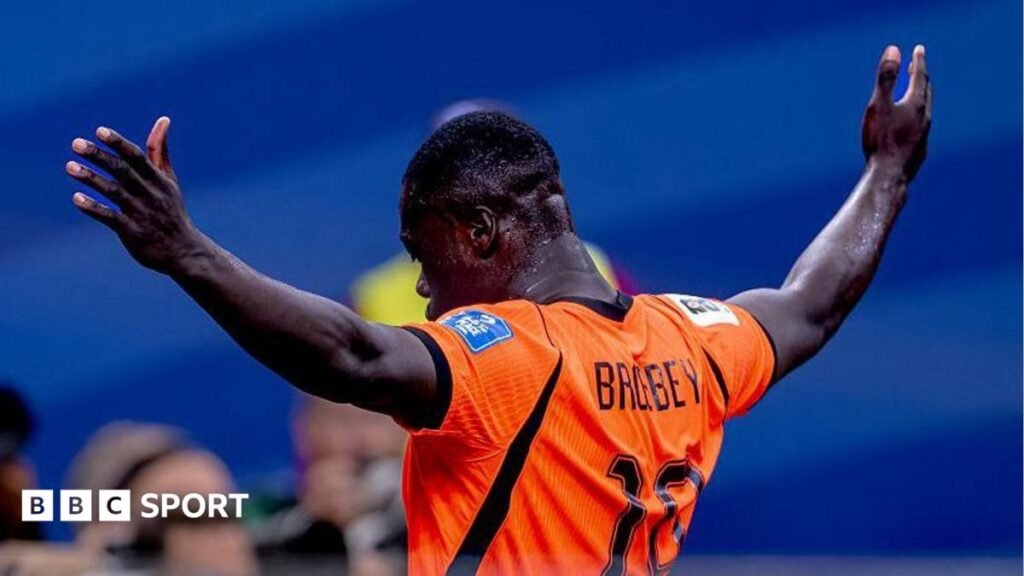 Netherlands forward Brian Brobbey celebrates after scoring against Sweden during the 2026 FIFA World Cup