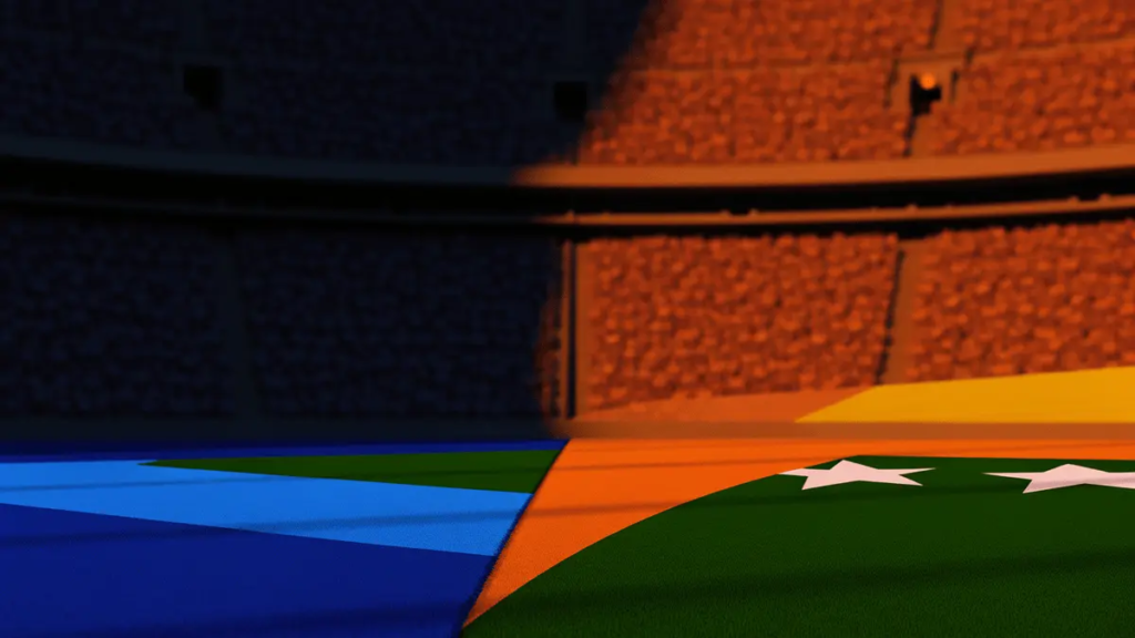 Floodlit stadium at golden hour with blue-yellow and orange-green flag colour palettes creating dramatic light division across empty pitch.