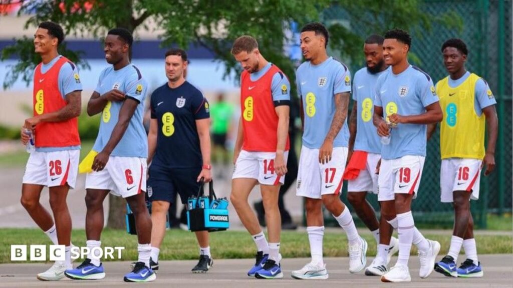 World Cup 2026: Ivan Toney scores hat-trick in England friendly win England players head to the pitch to warm up before a friendly against Sporting Kansas City