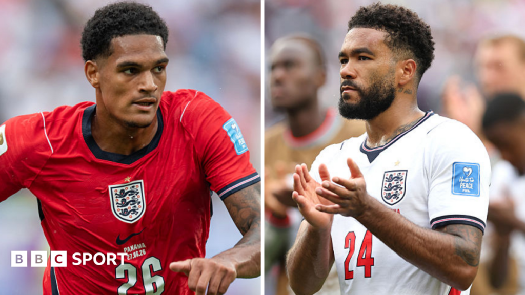 A split picture of Jarell Quansah and Reece James playing for England