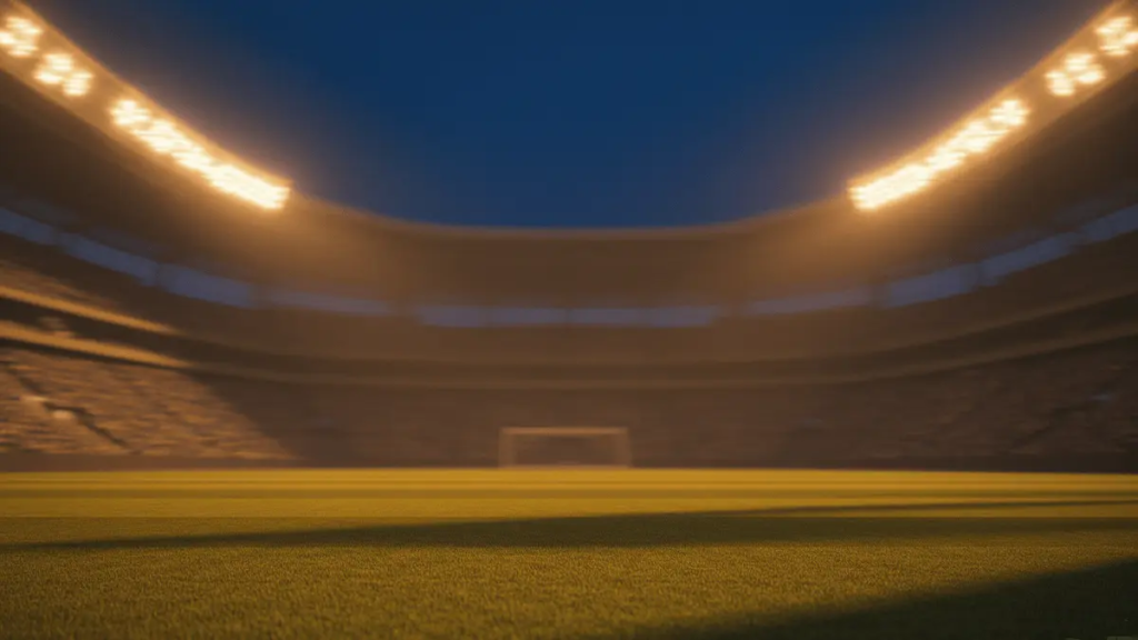 Floodlit stadium pitch at dusk with dramatic shadows and packed stands, golden-hour lighting, no players visible.