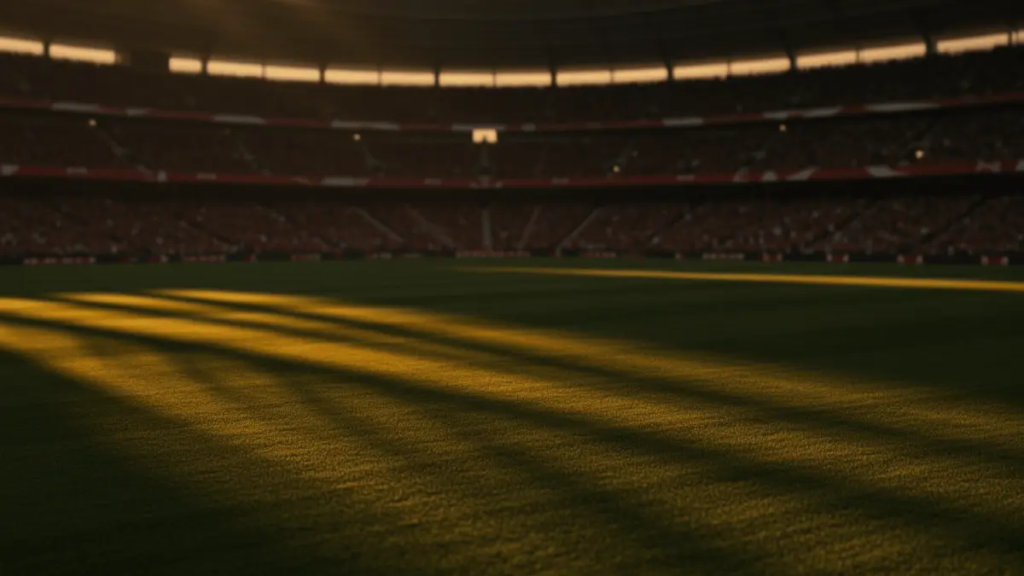 Empty floodlit stadium pitch at golden-hour kick-off with dramatic shadows and packed stands, cinematic sports photography style.