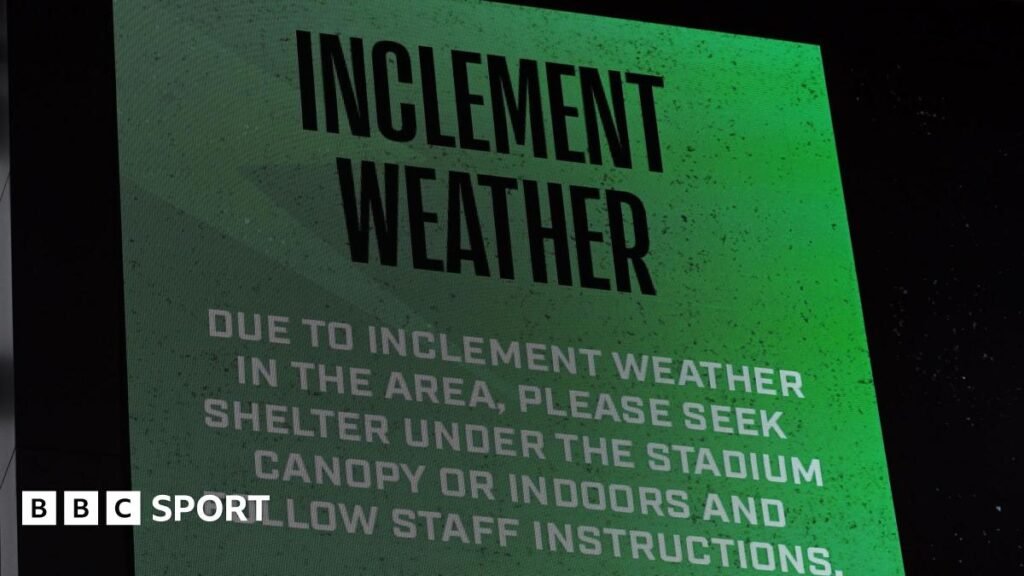World Cup 2026: Saudi Arabia game in Texas halted for nearly two hours because of bad weather A message at the Q2 Stadium in Texas tells fans to seek shelter because of extreme weather