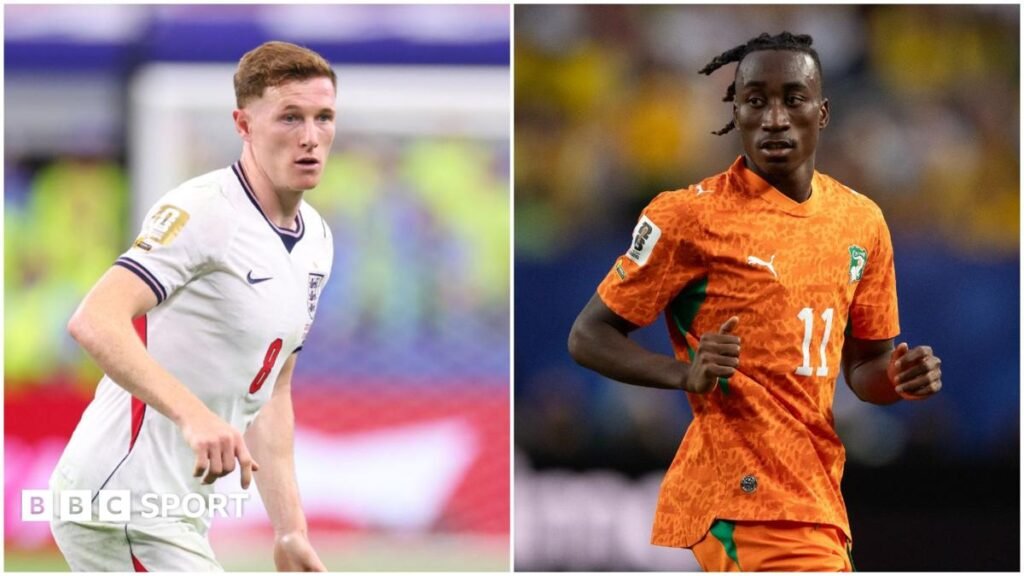 World Cup 2026: The stars being targeted for transfers by Premier League clubs England and Nottingham Forest midfielder Elliot Anderson in white national team kit, while Liverpool target Yan Diomande represents Ivory Coast in their bright orange kit, with both players pictured in match action in a split image