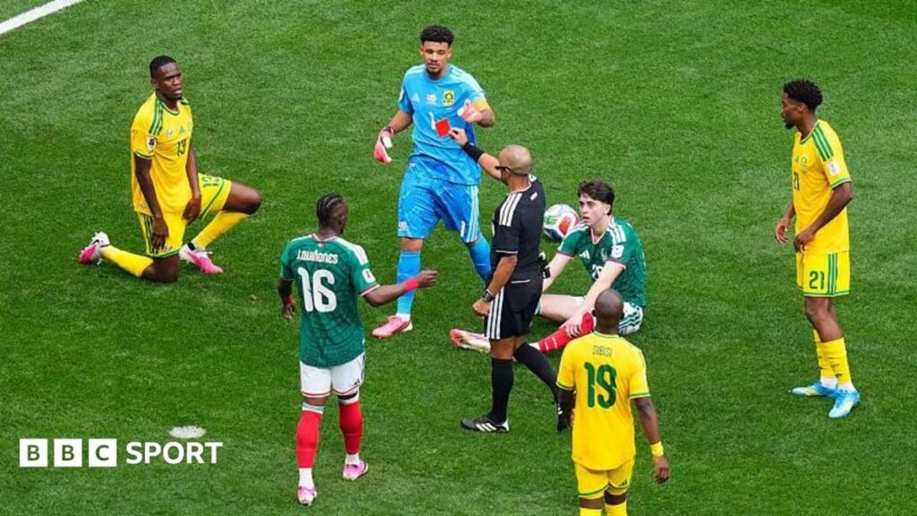 World Cup 2026: Three red cards – are referees getting tough? Brian Gutierrez of Mexico is fouled by Sphephelo Sithole of South Africa. Sithole was issued a red card.