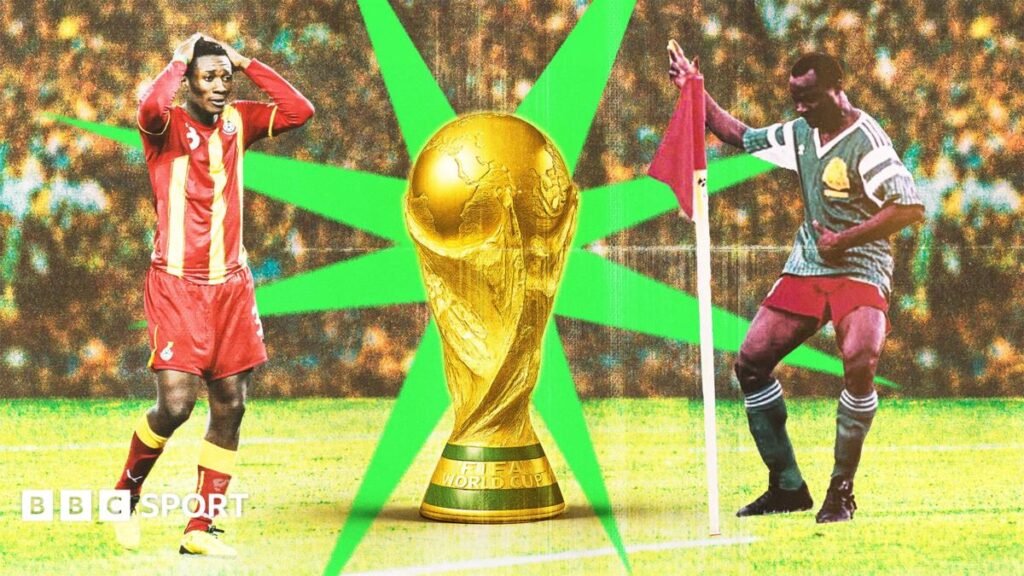 A colourful composite graphic shows on the left Asamoah Gyan in red and yellow Ghana kit holding his hands to his head in shock, the Fifa World Cup trophy with a spiky green eight-pointed star radiating from behind it, and on the right-hand side a picture of Cameroon striker Roger Milla dancing in front of a corner flag in celebration. The whole image is treated with a vintage filter