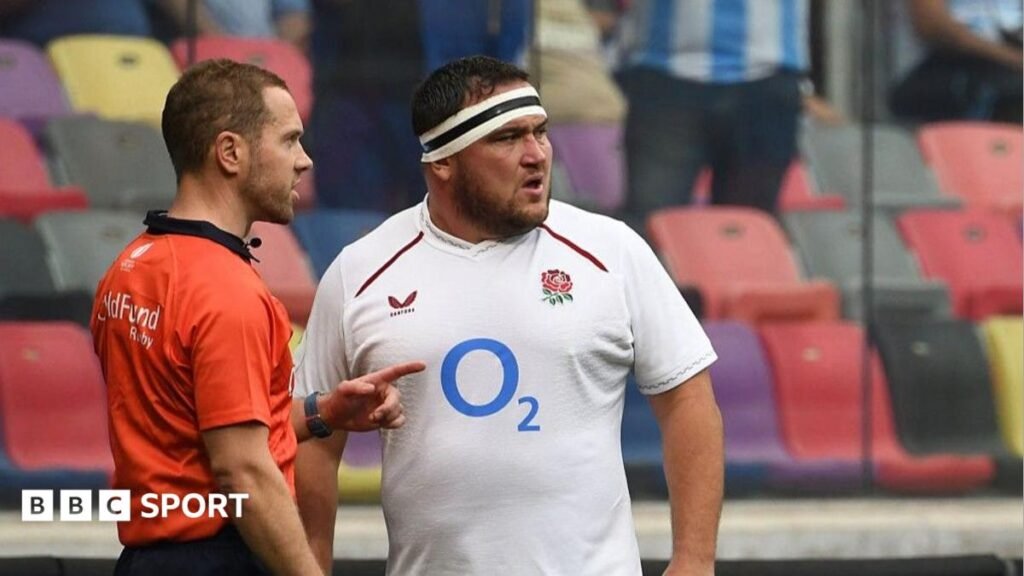 Argentina 24-31 England: England’s discipline ‘verging on comical’ – Matt Dawson Referee Angus Gardner, wearing an orange top and dark blue shorts, raises a yellow card in his right hand