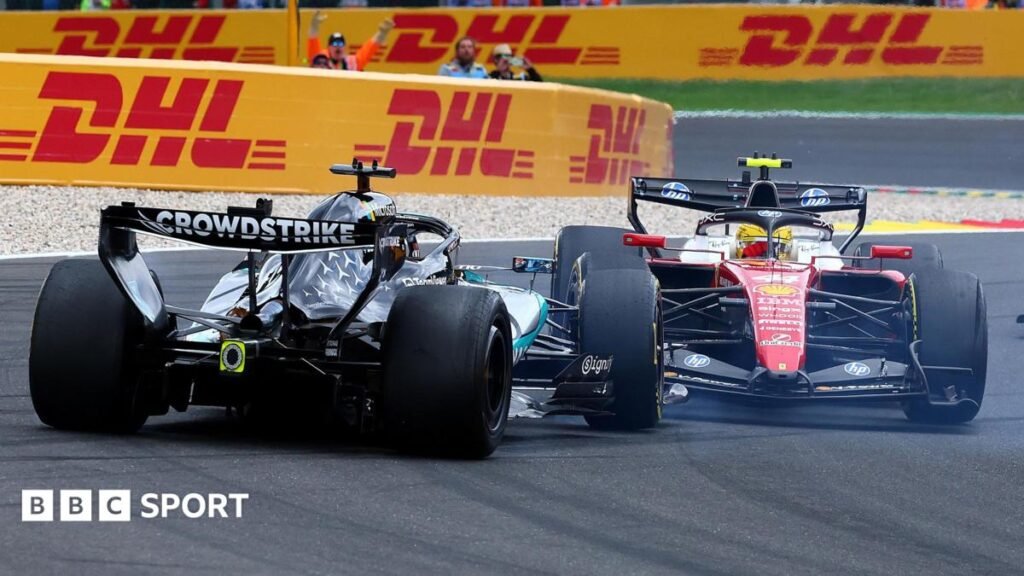 Belgian Grand Prix: George Russell ‘numb to disappointment’ as title hopes take another blow A view of the rear of the Mercedes of George Russell as it spins out of the race, after colliding with Ferrari's Lewis Hamilton on the first lap of the Belgian Grand Prix