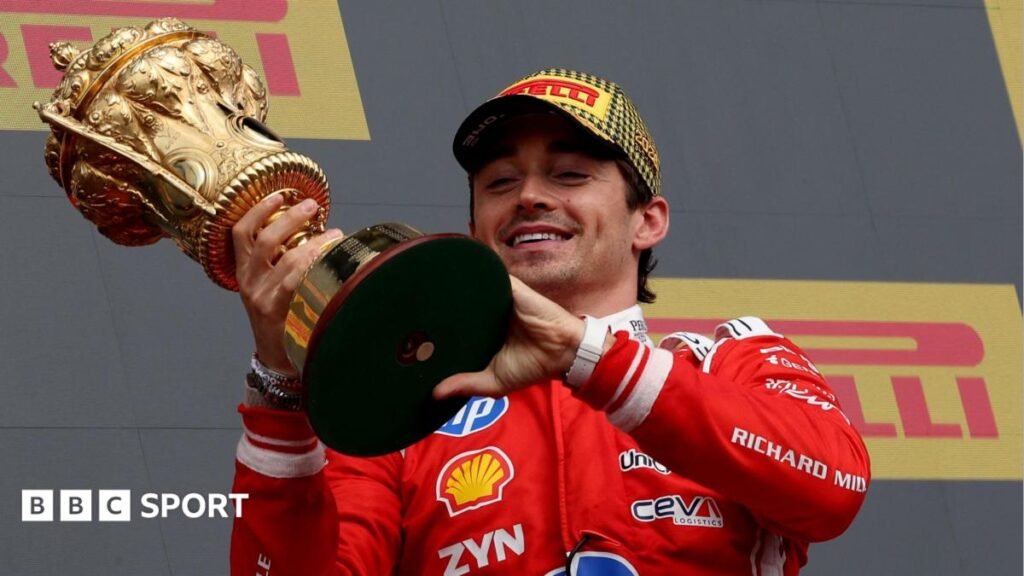 British Grand Prix result: Charles Leclerc wins dramatic race from George Russell and Lewis Hamilton Ferrari's Charles Leclerc crosses the line to win the British Grand Prix with Mercedes George Russell and Ferrari's Lewis Hamilton behind him