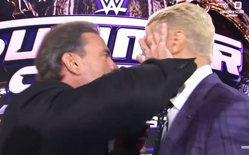 CM Punk Shoves Cody Rhodes in the Face at WWE SummerSlam Kickoff Show CM Punk Shoves Cody Rhodes in the Face at WWE SummerSlam Kickoff Show