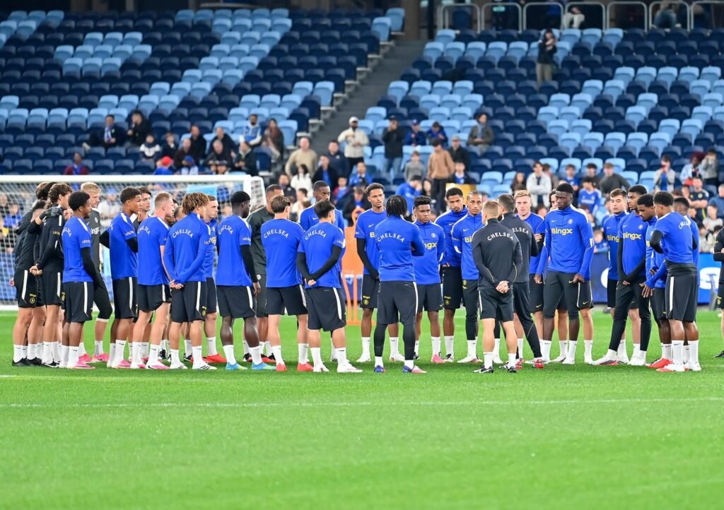 Chelsea players form a huddle during a Chelsea FC Open Training Session at Allianz Stadium in Australlia