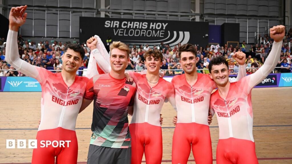 Commonwealth Games 2026: England win team pursuit gold despite sickness in camp Charlie Tanfield, Josh Charlton, Henry Hobbs, Ethan Vernon and Will Tidball celebrate gold medal