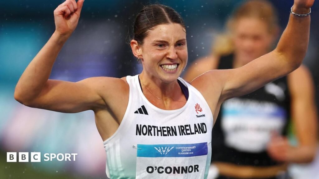 Kate O'Connor celebrates winning the 200 metres