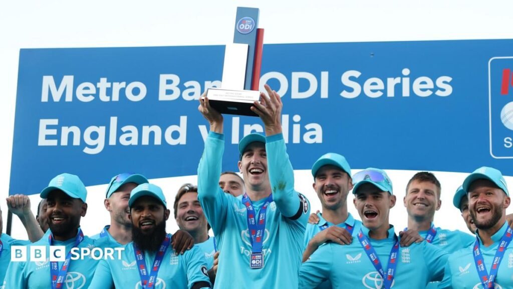 England cricket: Are Harry Brook’s side set to challenge for the 2027 World Cup? Harry Brook lifts a trophy, stood in front of his England team-mates who are all wearing medals