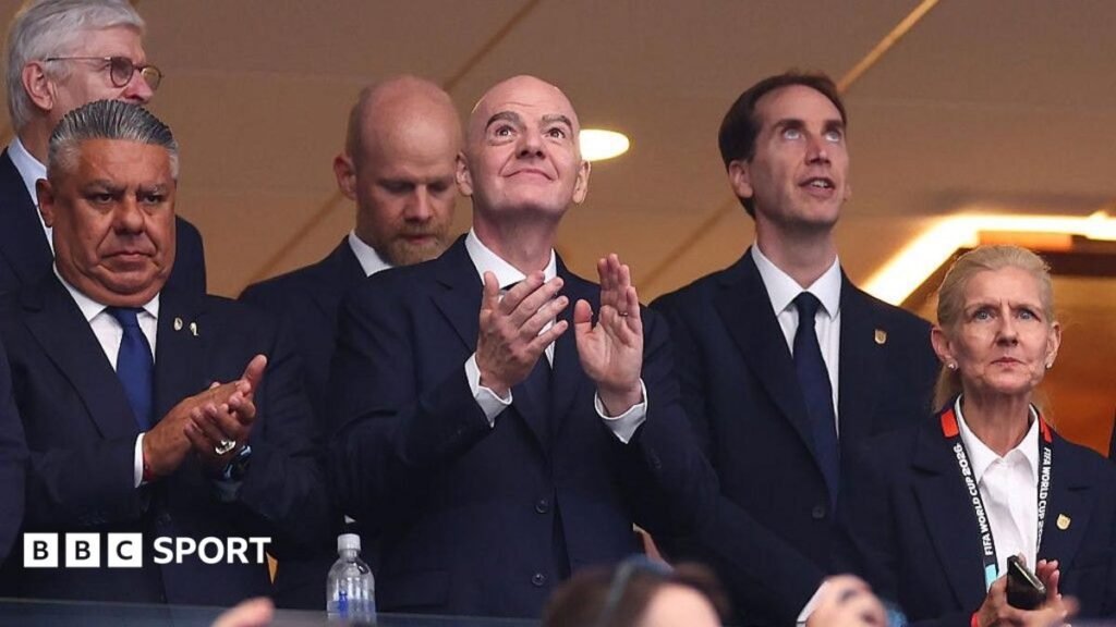 FA chairwoman Debbie Hewitt (right) and chief executive Mark Bullingham (second right) with FIFA president Gianni Infantino (centre) at the World Cup semi-final between England and Argentina