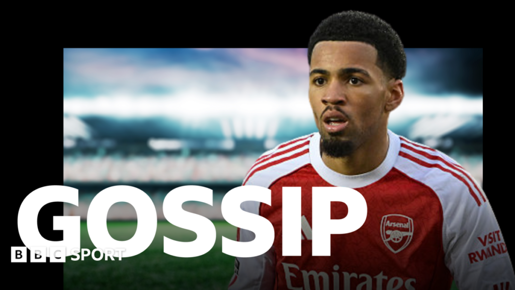 Football gossip: Nwaneri, Romero, Jones, Vinicius Jr, Hornicek, Kone Liam Delap, wearing a blue Chelsea shirt, looking to his left, with the word 'gossip' in white capital letters at the bottom of the graphic