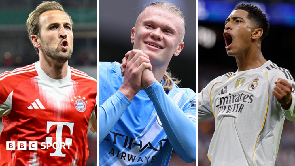 A composite image of Harry Kane, Erling Haaland and Jude Bellingham