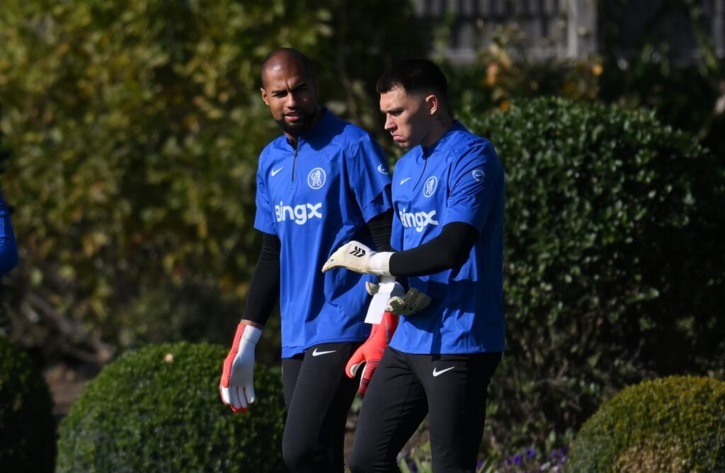 Gabriel Slonina trains with Strasbourg as Chelsea explore fresh loan move Robert Sanchez and Gabriel Slonina of Chelsea walk out during a Chelsea Training Session