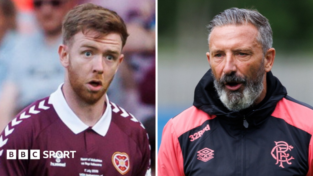 Hearts & Rangers learn possible European opponents Hearts defender Stuart Findlay and Rangers manager Derek McInnes (right)