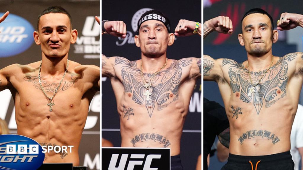 McGregor vs Holloway 2: UFC 329 – Max Holloway completes welterweight transformation Three images of Max Holloway showing his body shape changing from featherweight to lightweight and then welterweight