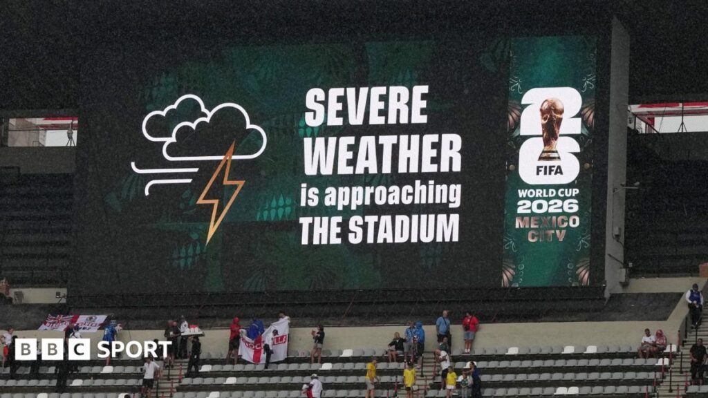 Mexico vs England: Azteca Stadium issues shelter-in-place order because of severe weather A sign displays 'Severe weather is approaching the stadium' at Mexico City's Azteca Stadium