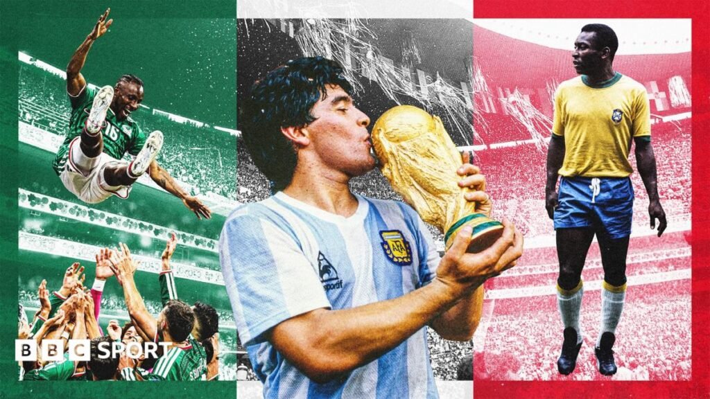 A composition image featuring Mexico's 2026 Fifa World Cup squad, Diego Maradona, and Pele in front of a backdrop of Estadio Azteca, templated with the colours of the Mexican flag