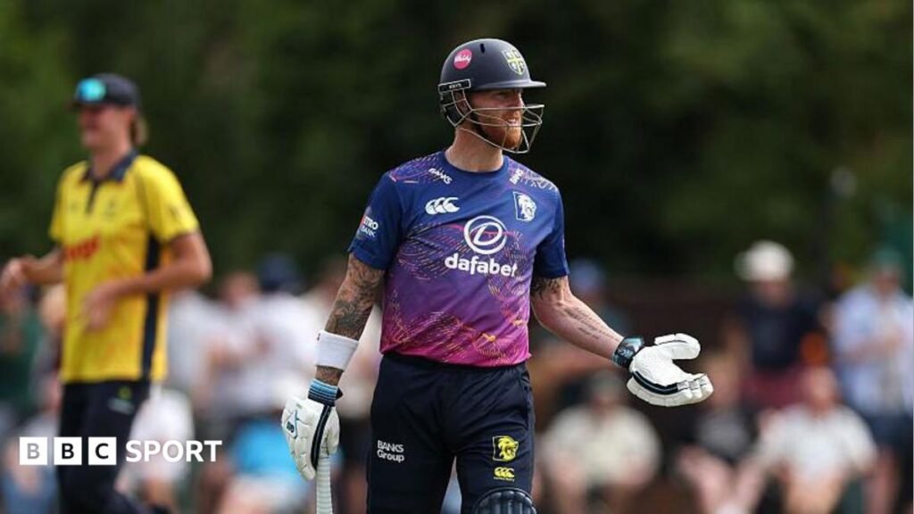 One-Day Cup: Durham remain unbeaten despite Ben Stokes duck Ben Stokes holds his arms out in frustration after being dismissed.
