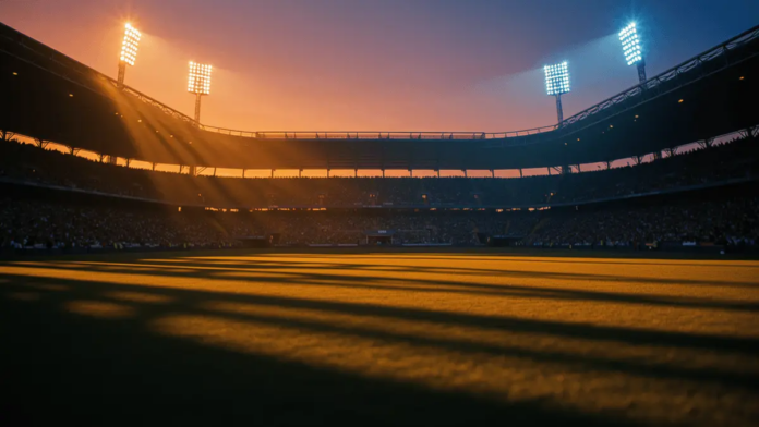 Paraguay vs. France World Cup 2026 Round of 16 Predictions Floodlit football stadium at golden-hour dusk with dramatic shadow patterns, packed stands, and atmospheric kick-off mood.