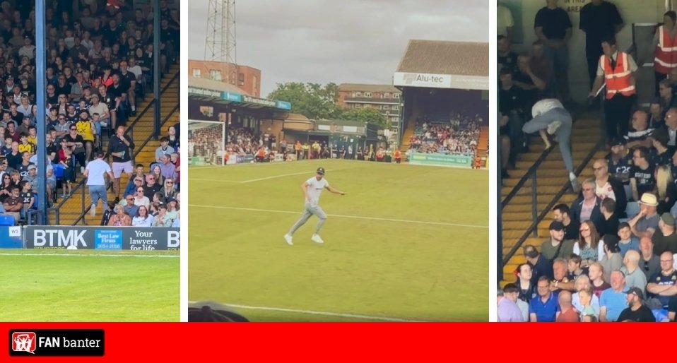 Pitch invader does a moony towards West Ham fans then gets caught by Southend stewards Pitch invader does a moony towards West Ham fans then gets caught by Southend stewards