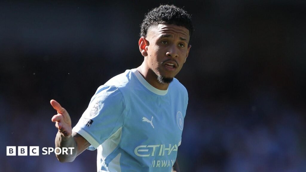 Manchester City winger Savinho gestures during a Premier League match