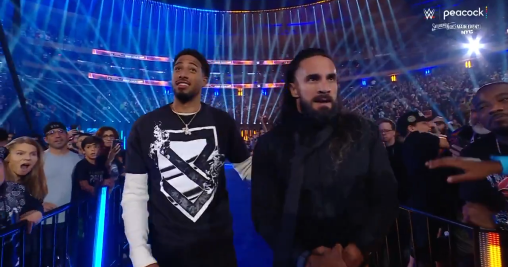 Seth Rollins & Tyrese Haliburton Interrupt Roman Reigns & Jalen Brunson at WWE Saturday Night’s Main Event Seth Rollins & Tyrese Haliburton Interrupt Roman Reigns & Jalen Brunson at WWE Saturday Night's Main Event