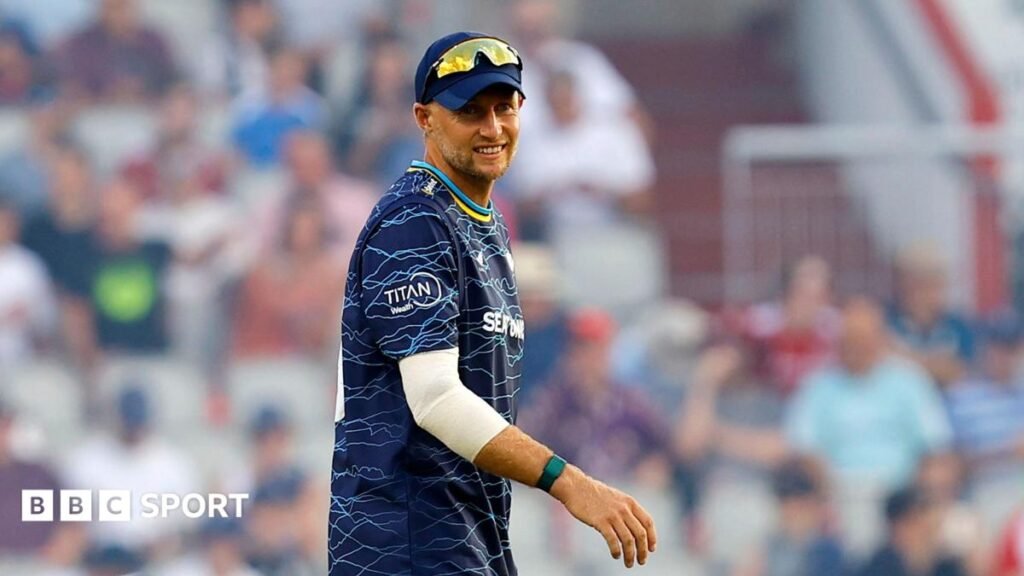 T20 Blast: Yorkshire into quarter-finals as Hampshire secure home tie Joe Root in a blue Yorkshire top and cap with sunglasses on his head facing the camera while fielding in a T20 Blast match