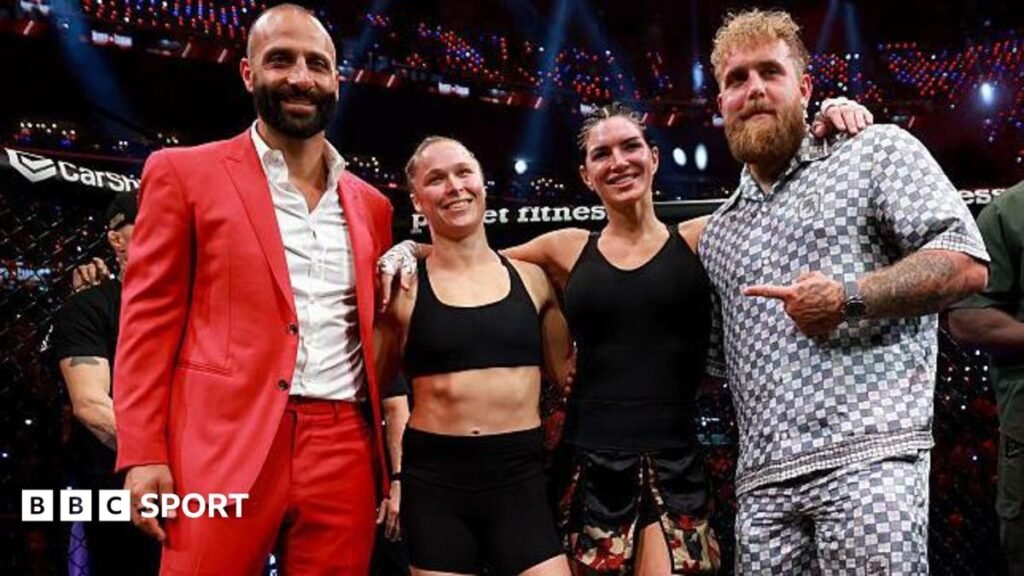 ‘Time for change is now’ – MVP and PFL merge Nakisa Bidarian, Ronda Rousey, Gina Carano and Jake Paul pose for a picture