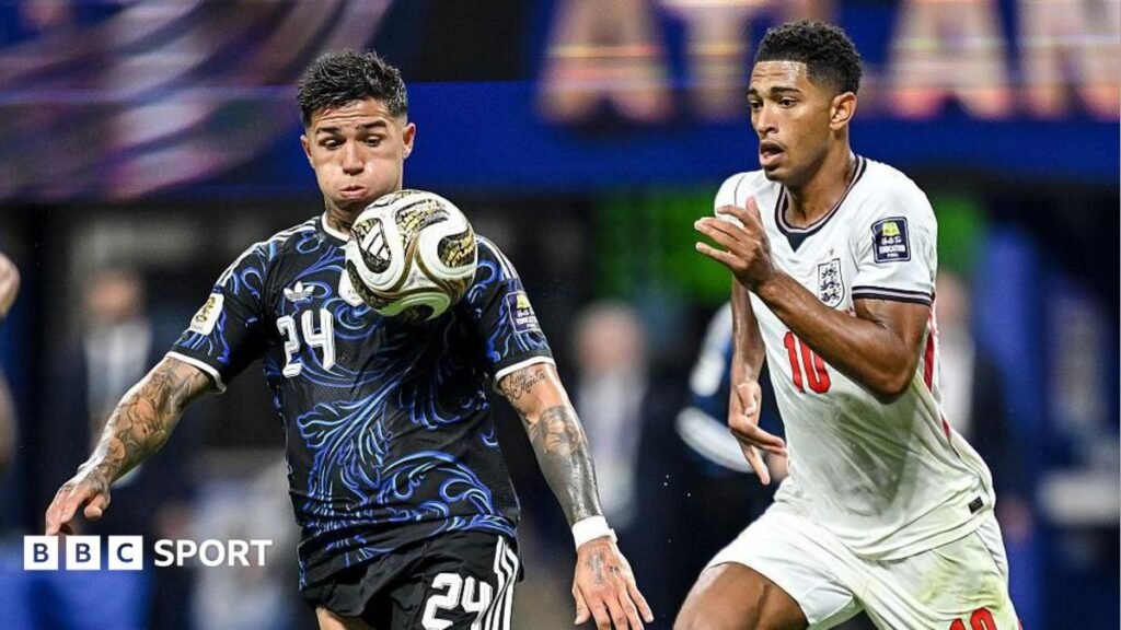World Cup 2026: An audience of 24 million tune in to watch England’s defeat against Argentina A split image of England's Anthony Gordon and France captain Kylian Mbappe