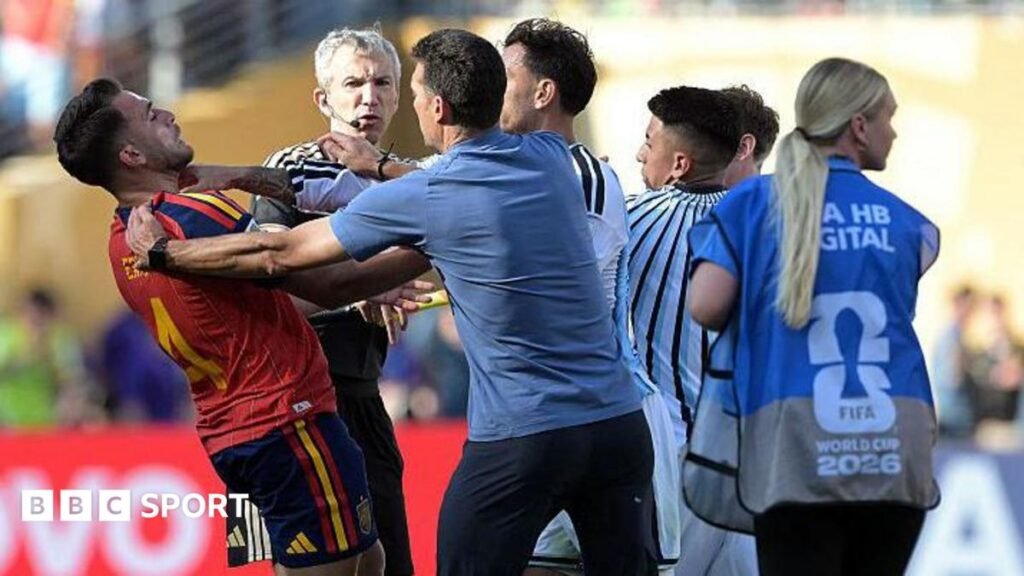 World Cup 2026: Fifa opens investigation into Argentina post-final trouble Argentina's head coach Lionel Scaloni tries to intervene as Argentina's Leandro Paredes clashes with Spain defender Eric Garcia