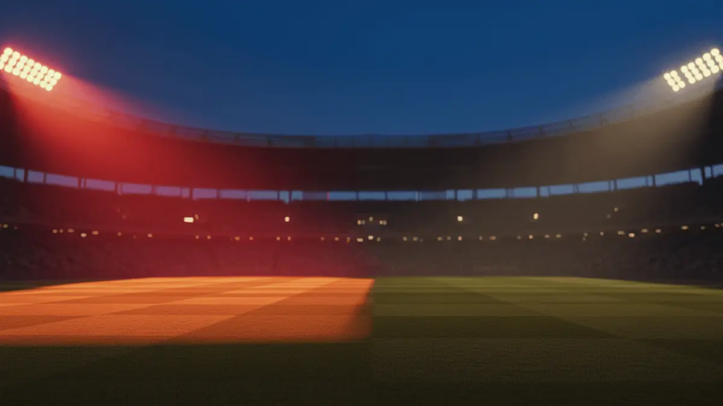 World Cup 2026 Final Spain vs. Argentina Predictions and Picks Empty floodlit stadium pitch at dusk with dramatic shadows, golden and blue atmospheric lighting from opposing angles.