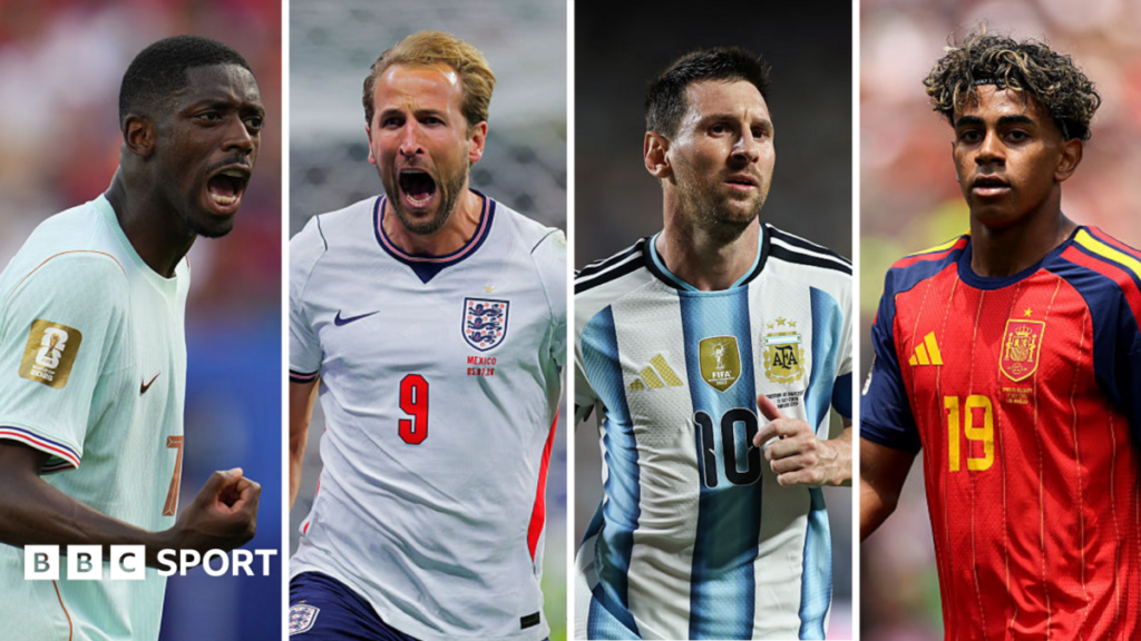 Images of Ousmane Dembele (left), Harry Kane (centre left), Lionel Messi (centre right) and Lamine Yamal (right)