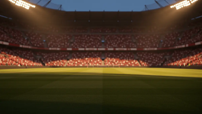 World Cup 2026 Quarter Final Norway vs. England Predictions Empty floodlit football pitch at dusk with packed stadium stands bathed in dramatic lighting under golden-hour glow.